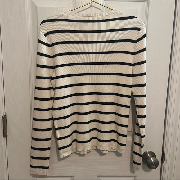 Lauren Ralph Lauren Cream Black Striped Ribbed Knit Crewneck Slim Fit L Classic - Picture 7 of 8